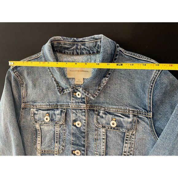 ~ Pilcro Lg Jean Jacket Cropped Denim Anthropologie Blue Raw Edge Stretch Large - Picture 10 of 14